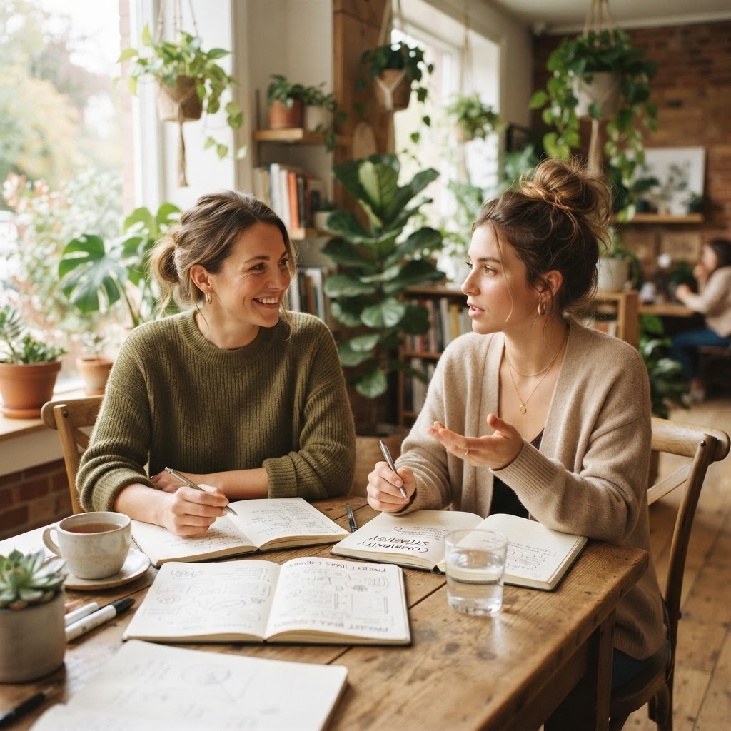Dos personas conversando y colaborando con atención